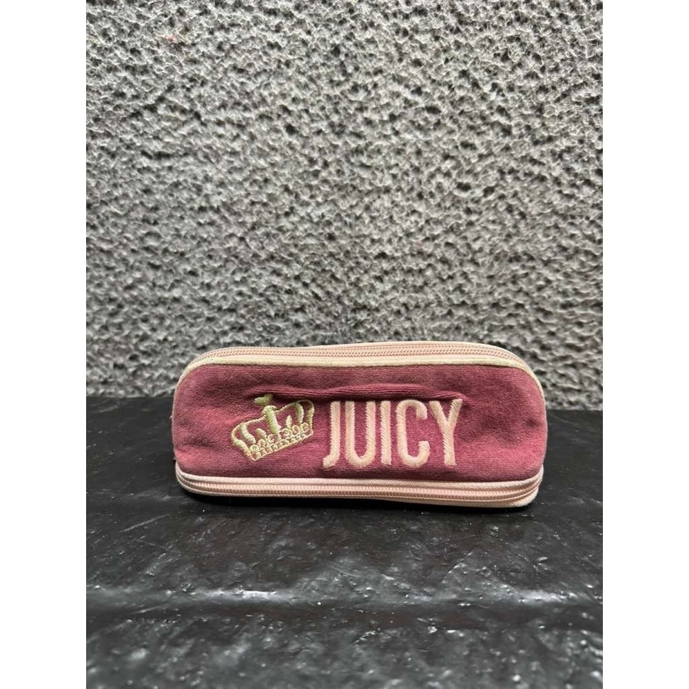 Vintage Juicy Couture Women's Embroidered Velour Leather Trim Pencil Case Pink